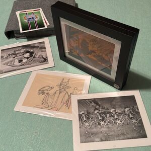 Disney Art D23 set of 4 8x10 prints in wood 12x10x2 brass & felt case frame